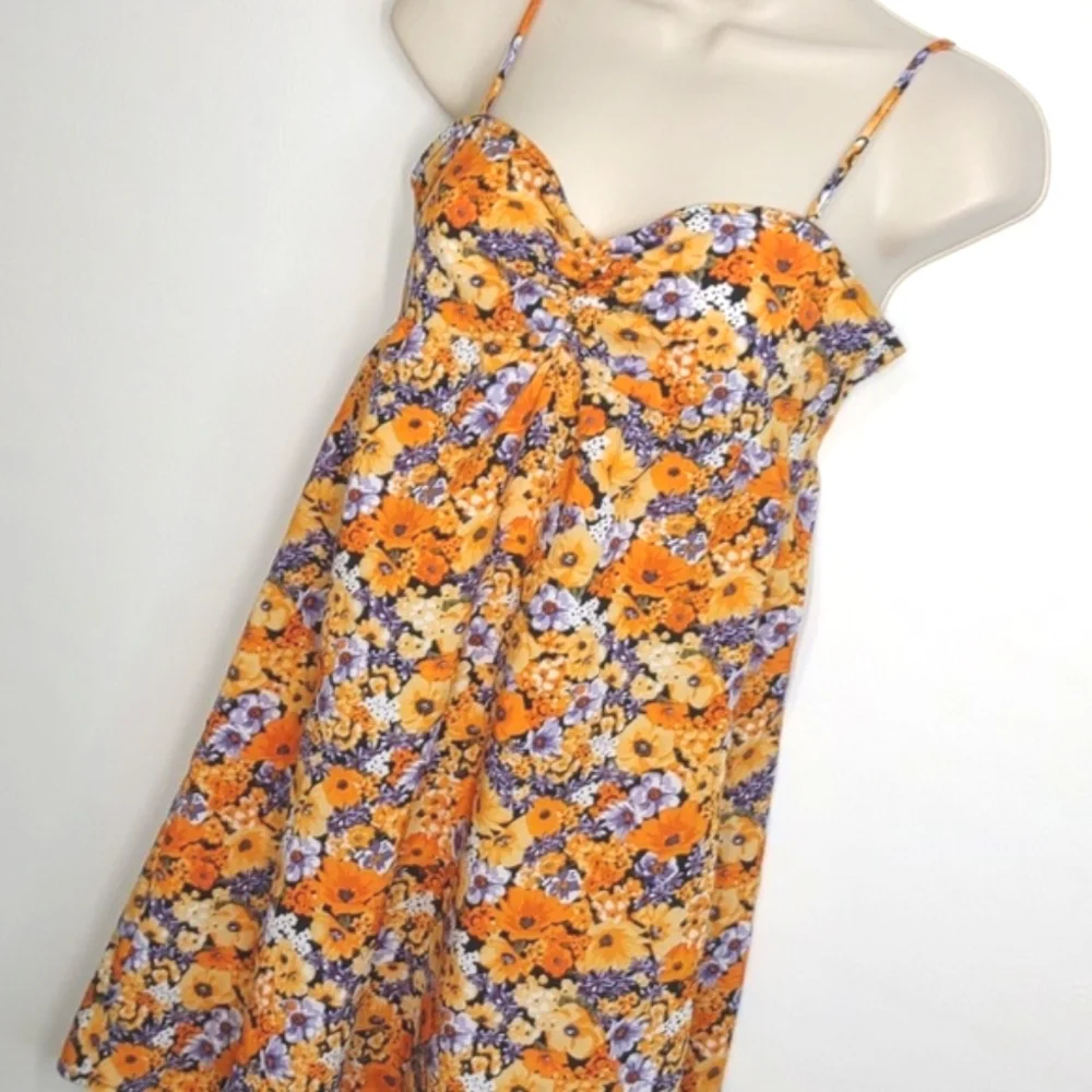 Divided Floral Babydoll Dress Orange Wildflower Spring Summer Sun Dress XS - Picture 4 of 15